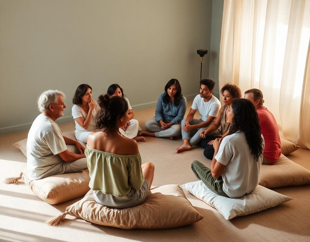 A small group sitting together in a softly lit circle